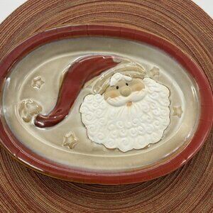 Pottery Glazed  Santa Claus Platter Farmhouse Country Cottage Core Christmas